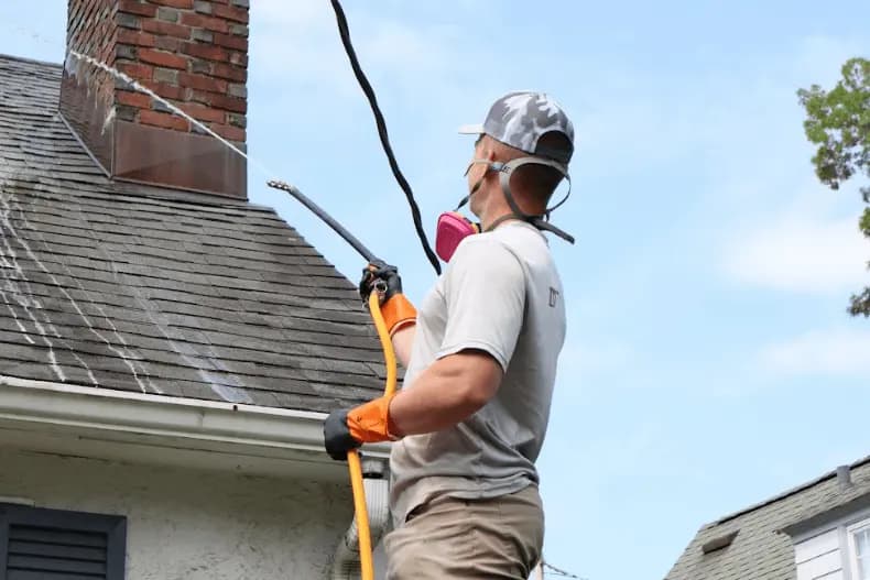 Cleveland Heights Power Washing professional performing gentle roof washing service in Cleveland Heights